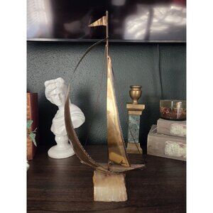 Curtis Jere Brass Sailboat Sculpture on Stone Base Signed, Mid Century Art 15"